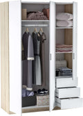 Armoire penderie 3 portes 3 tiroirs 121 x 180 x 52 cm chêne canadien blanc