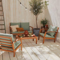 Salon jardin bois 4 places canapé fauteuils table basse acacia coussins vert de gris