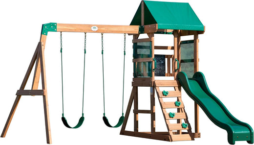 Aire de jeux en bois maisonnette extérieur balançoire toboggan bac à sable