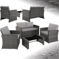 Salon jardin résine tressée 4 personnes canapé 2 fauteuils table verre coussins gris gris clair