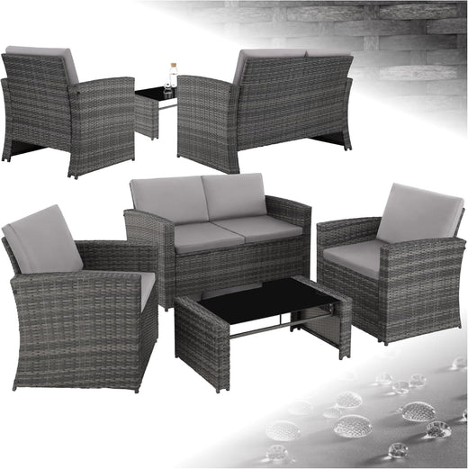 Salon jardin résine tressée 4 personnes canapé 2 fauteuils table verre coussins gris gris clair