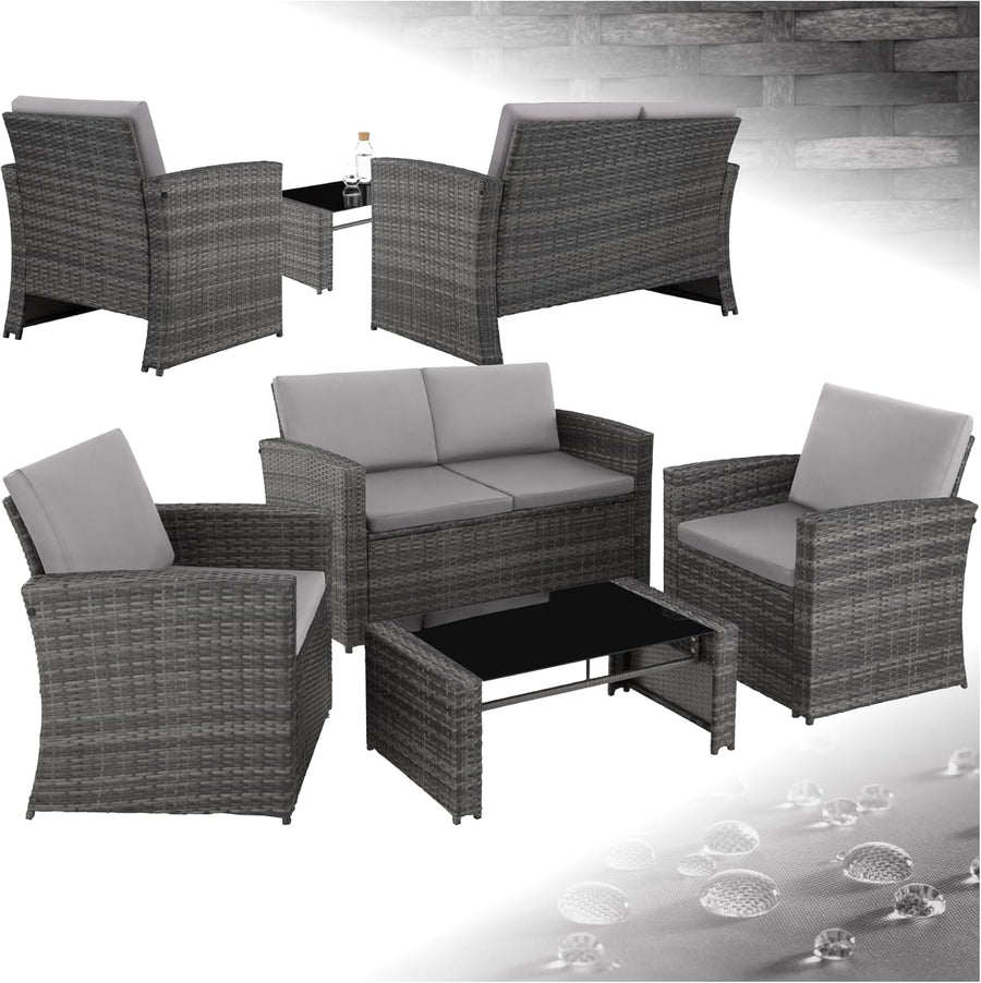 Salon jardin résine tressée 4 personnes canapé 2 fauteuils table verre coussins gris gris clair