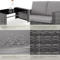 Salon jardin résine tressée 4 personnes canapé 2 fauteuils table verre coussins gris gris clair