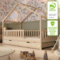Lit cabane enfant 190x90 cm bois naturel avec tiroirs barrière amovible