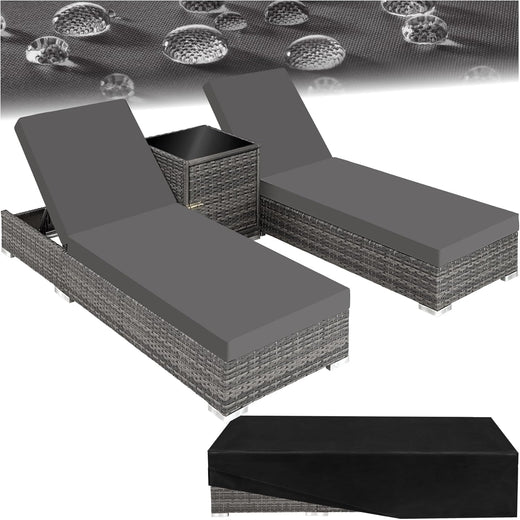 Set 2 chaises longues bain de soleil dossier réglable table aluminium résine tressée housses protection gris