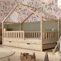 Lit cabane enfant 190x90 cm bois naturel avec tiroirs barrière amovible