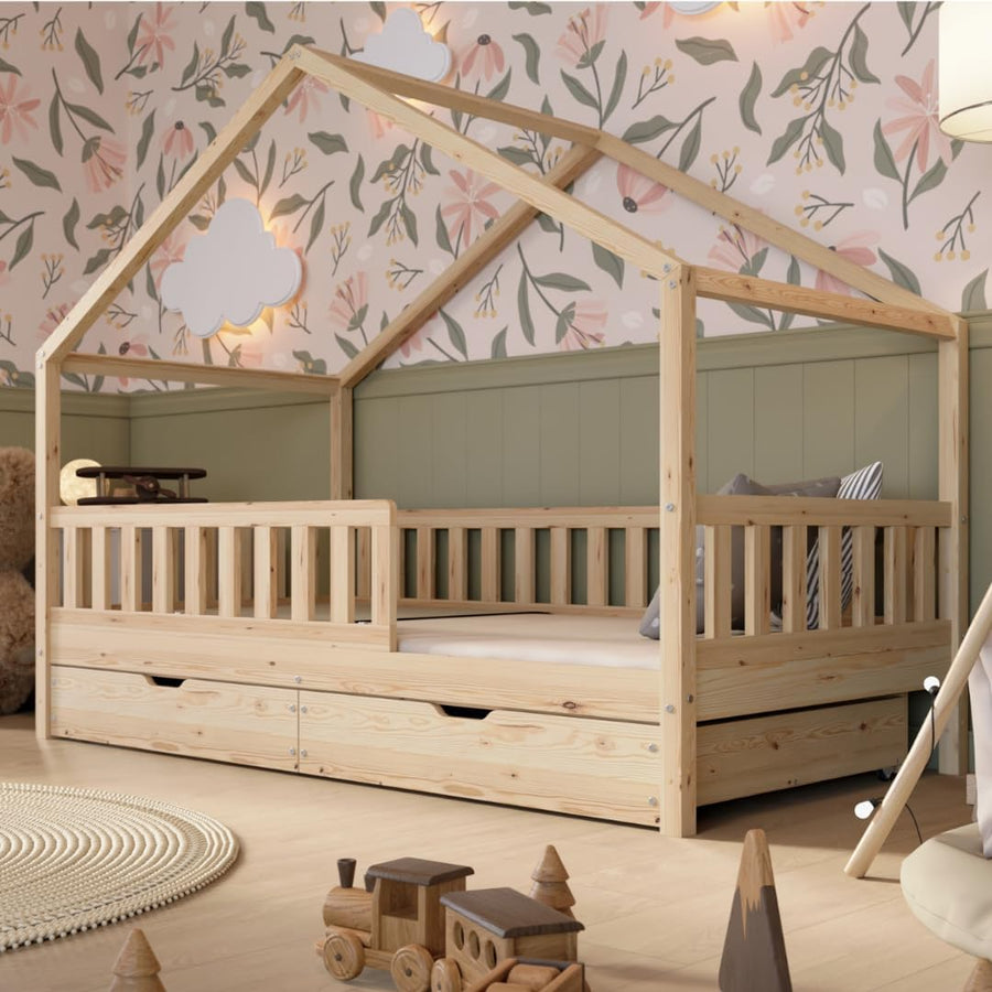 Lit cabane enfant 190x90 cm bois naturel avec tiroirs barrière amovible