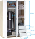 Armoire penderie 3 portes 3 tiroirs 121 x 180 x 52 cm chêne canadien blanc