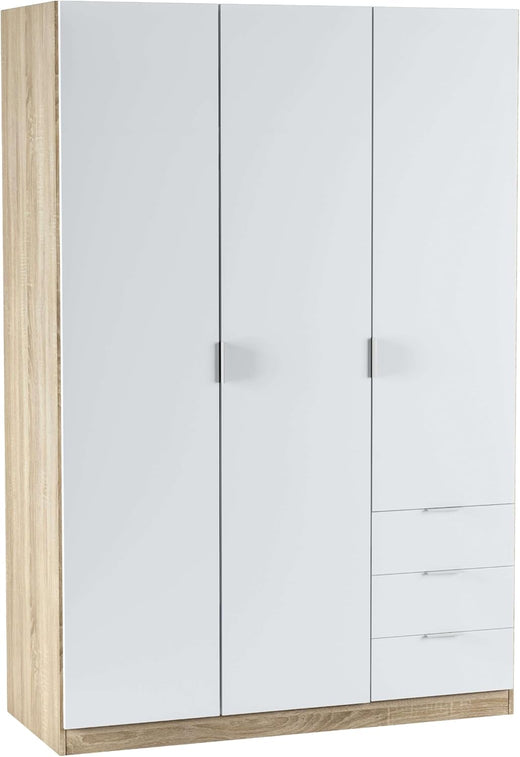 Armoire penderie 3 portes 3 tiroirs 121 x 180 x 52 cm chêne canadien blanc
