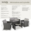 Salon jardin résine tressée 4 personnes canapé 2 fauteuils table verre coussins gris gris clair