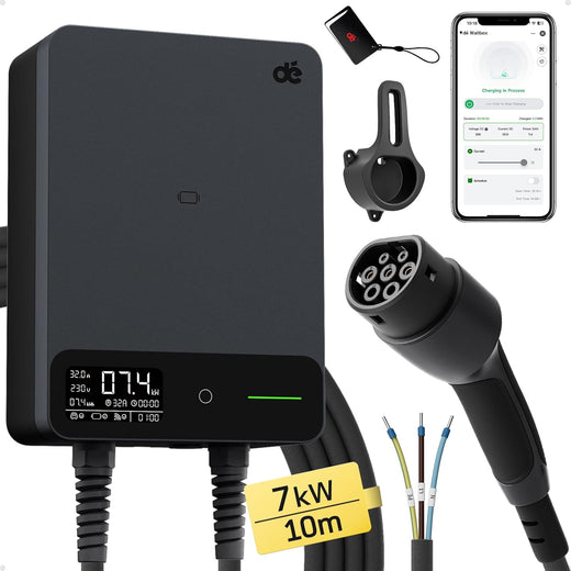 Borne recharge véhicule électrique 7kW app câble type 2 10 m RFID RCD type B IP54