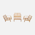Salon jardin bois 4 places canapé fauteuils table basse acacia coussins vert de gris