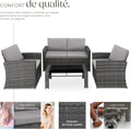 Salon jardin résine tressée 4 personnes canapé 2 fauteuils table verre coussins gris gris clair