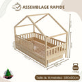 Lit cabane enfant 190x90 cm bois naturel avec tiroirs barrière amovible