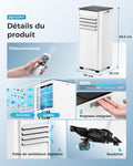 Climatiseur mobile 9000 BTU 26 kW télécommande 4 en 1 silencieux LED minuterie 24h surface 25 m²